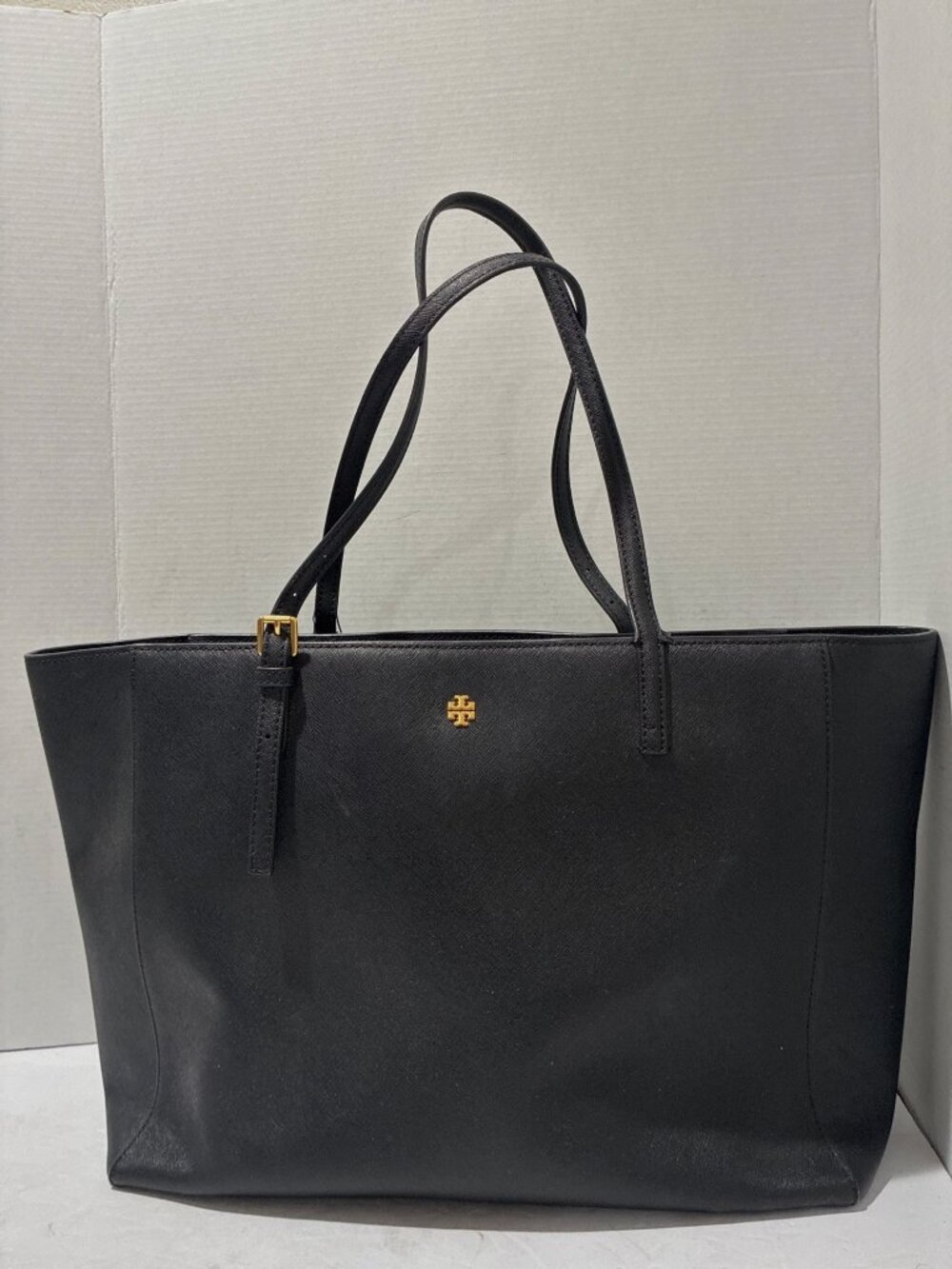 Tory Burch tote leather Black bag gold-tone logo emblem and a side buckle strap